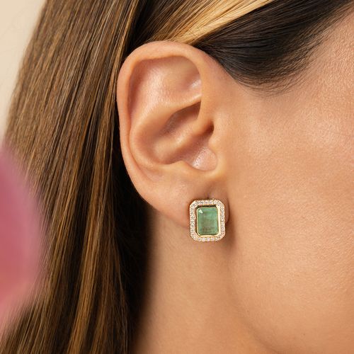 Brinco Retângulo de Fusion Esmeralda Colombiana e Zircônias Brancas - Banho de Ouro 18k