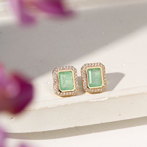 Brinco Retângulo de Fusion Esmeralda Colombiana e Zircônias Brancas - Banho de Ouro 18k