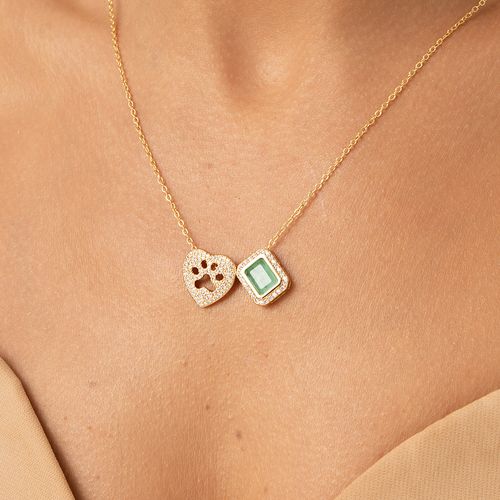 Colar Escapulário Retângulo e Coração Pets de Fusion Esmeralda Colombiana e Zircônias Brancas 65cm - Banho de Ouro 18k
