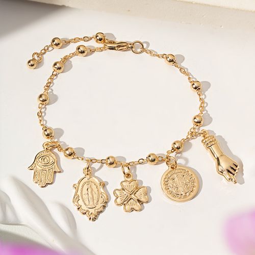 Pulseira Patuá Lisa com Mão de Fátima, Nossa Senhora das Graças, Trevo, São Bento e Figa 19cm - Banho de Ouro 18k