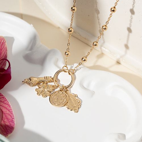 Colar Patuá Liso com Nossa Senhora das Graças, Trevo, São Bento e Figa 60cm - Banho de Ouro 18k