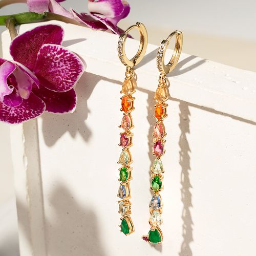Brinco Earbling Longo com Cristal Esmeralda, Cristal Turmalina Rosa, Cristal Podange e Zircônias Brancas - Banho de Ouro 18k