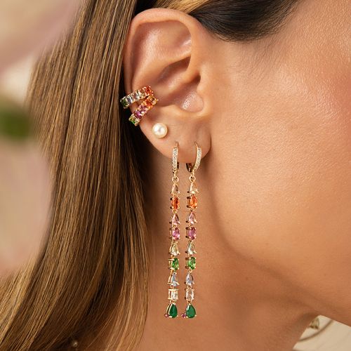Brinco Earbling Longo com Cristal Esmeralda, Cristal Turmalina Rosa, Cristal Podange e Zircônias Brancas - Banho de Ouro 18k