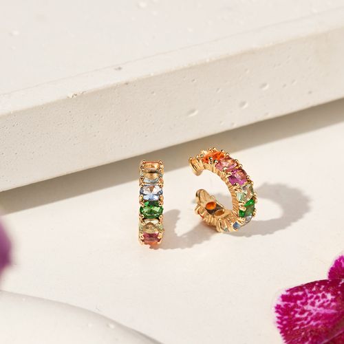 Earhook (Par) com Cristal Turmalina Rosa, Cristal Podange e Cristal Morganita - Banho de Ouro 18k