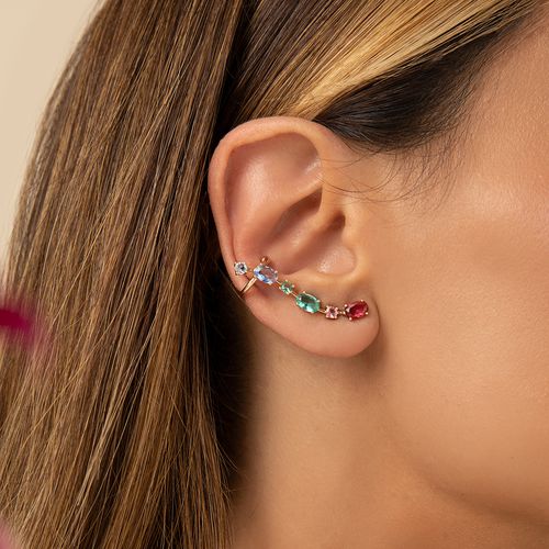 Brinco Earcuff Formas com Cristal Turmalina Rosa, Cristal Paraiba e Cristal London Blue - Banho de Ouro 18k
