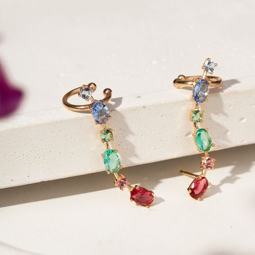Brinco Earcuff Formas com Cristal Turmalina Rosa, Cristal Paraiba e Cristal London Blue - Banho de Ouro 18k