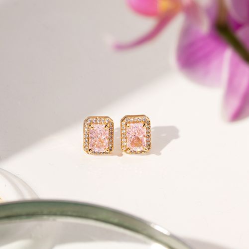 Brinco Retângulo com Zircônia Crushed Ice Cutting Morganita e Zircônias Brancas - Banho de Ouro 18k