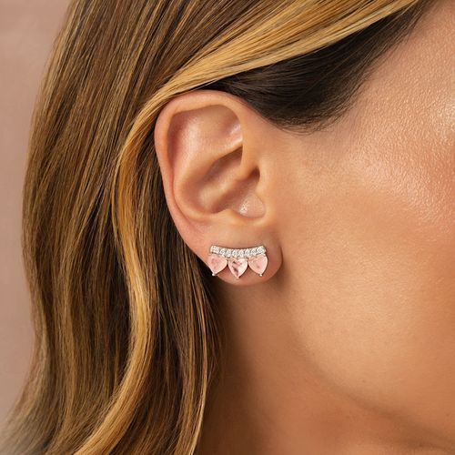 Brinco Earcuff Três Corações com Fusion Morganita e Zircônias Brancas - Prata 925