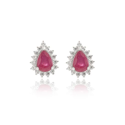 Brinco Gota Rubi Natural 5x7mm Aprox. 0,9 ct com Moissanites Melee de 1,5mm - D VVS1 - Prata 925