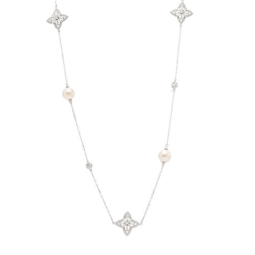 Colar Flores Longo com Pérolas Shell e Zircônias Brancas 80cm - Prata 925