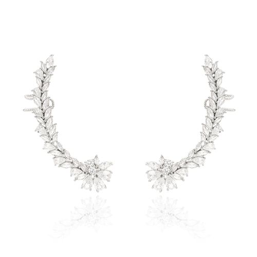 Brinco Earcuff Flores Gotas e Navetes de Zircônias Brancas - Prata 925
