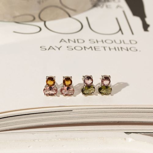 Kit com 2 Pares de Brincos Top Oval e Redondo com Cristal Turmalina - Prata 925