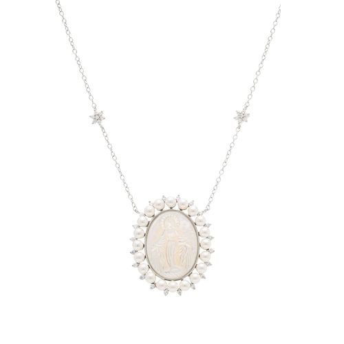 Colar Medalha de Nossa Senhora Das Graças com Pérolas Shell e Zircônias Brancas 50cm - Prata 925