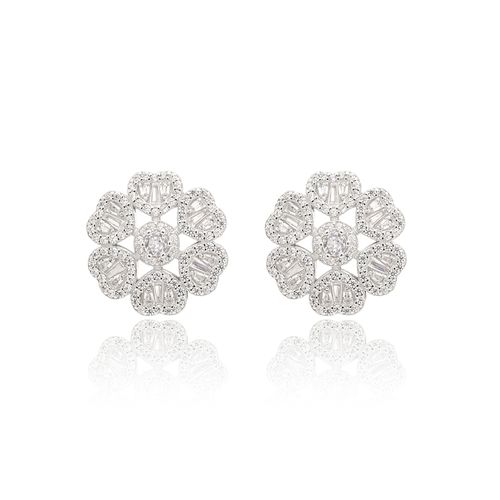 Brinco Trevo Corações com Zircônias Brancas Baguetes - Prata 925