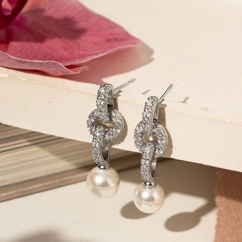 Brinco Entrelaçado com Pingente de Pérola Shell e Zircônias Brancas - Prata 925