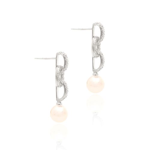 Brinco Entrelaçado com Pingente de Pérola Shell e Zircônias Brancas - Prata 925