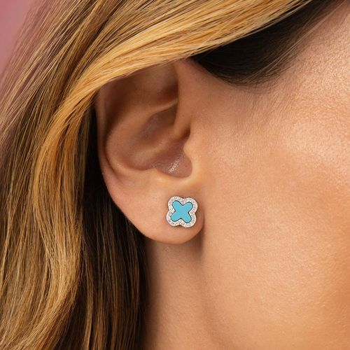 Brinco Trevo com Nano Turquesa e Zircônias Brancas - Prata 925