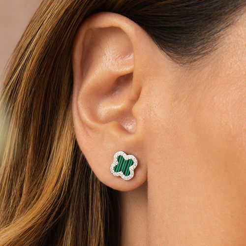 Brinco Trevo com Malaquita Lab e Zircônias Brancas - Prata 925
