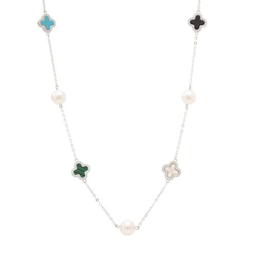 Colar Longo com Trevos de Madrepérola, Onix Lab, Nano Turquesa, Malaquita Lab e Zircônias Brancas 80cm - Prata 925