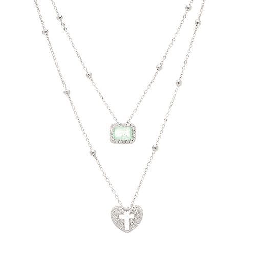 Colar Escapulário Retângulo e Coração com Cruz de Fusion Esmeralda Colombiana e Zircônias Brancas 65cm - Prata 925