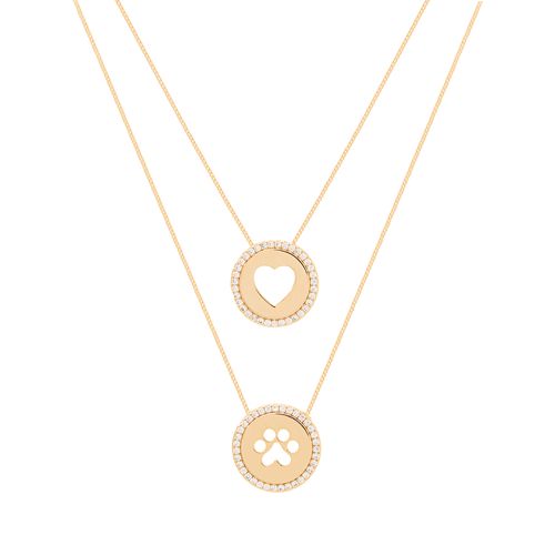 Colar Escapulário Pets e Coração com Zircônias Brancas 66cm - Banho de Ouro 18k
