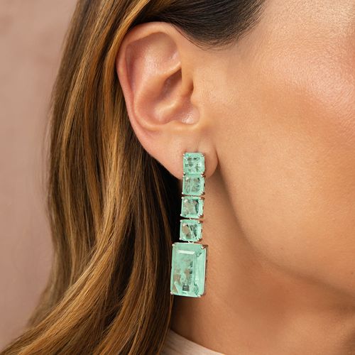 Brinco Longo Formas de Fusion Esmeralda Colombiana - Banho de Ródio Branco