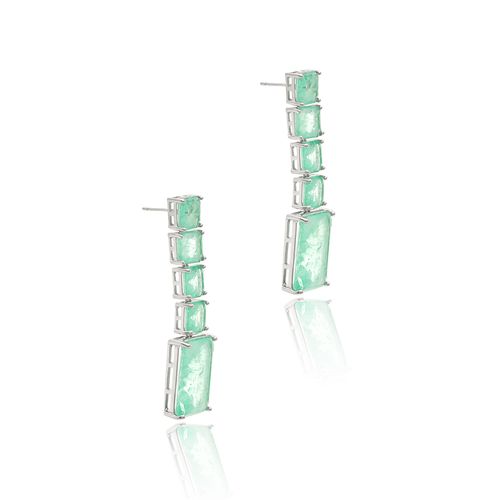 Brinco Longo Formas de Fusion Esmeralda Colombiana - Banho de Ródio Branco