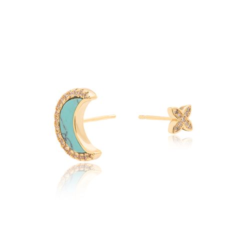 Brinco Lua de Raolita Turquesa e Estrela com Zircônias Brancas - Banho de Ouro 18k