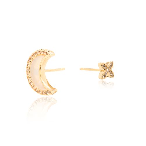 Brinco Lua de Madrepérola e Estrela com Zircônias Brancas - Banho de Ouro 18k