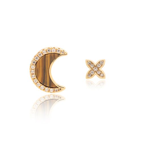 Brinco Lua de Olho de Tigre e Estrela com Zircônias Brancas - Banho de Ouro 18k