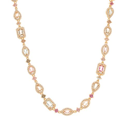 Colar Riviera Formas Maxi com Cristal Turmalina Rosa, Cristal Topázio Azul, Cristal Rodolita e Zircônias Brancas 42cm - Banho de Ouro 18k