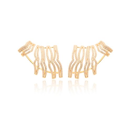 Brinco Earcuff Curvas Com Zircônias Brancas - Banho de Ouro 18k