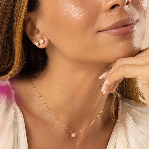 Conjunto Brinco e Colar Quadradinho com Zircônias Brancas 50cm - Banho de Ouro 18k