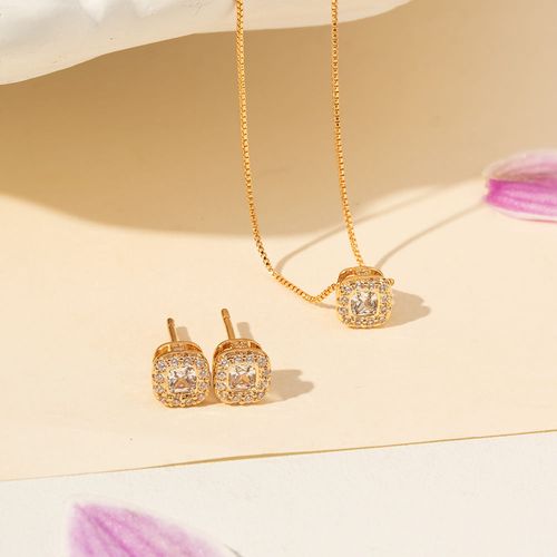 Conjunto Brinco e Colar Quadradinho com Zircônias Brancas 50cm - Banho de Ouro 18k