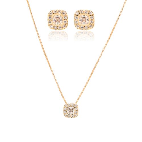 Conjunto Brinco e Colar Quadradinho com Zircônias Brancas 50cm - Banho de Ouro 18k