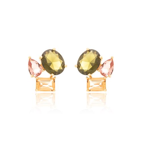 Brinco Formas com Cristal Peridoto, Cristal Morganita e Cristal Morganita - Banho de Ouro 18k