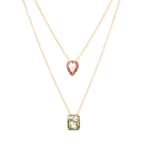 Colar Escapulário Gota e Retângulo com Cristal Rodolita e Cristal Rutilado Verde 65cm - Banho de Ouro 18k