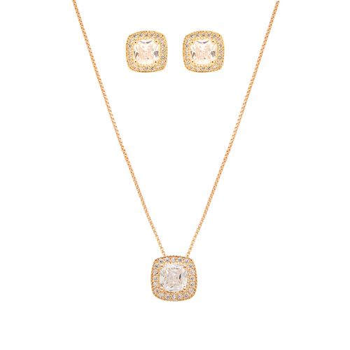 Conjunto Brinco e Colar Quadrado com Zircônias Brancas 50cm - Banho de Ouro 18k