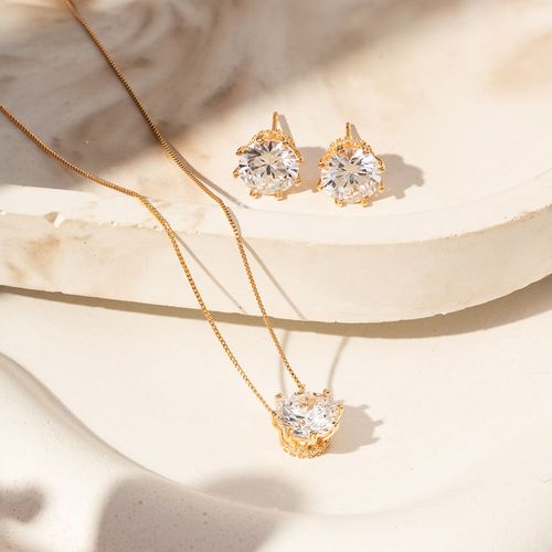 Conjunto Brinco e Colar Coroa 9mm com Zircônias Brancas 50cm - Banho de Ouro 18k