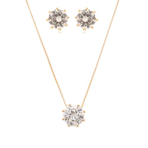 Conjunto Brinco e Colar Coroa 9mm com Zircônias Brancas 50cm - Banho de Ouro 18k