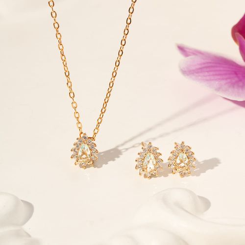 Conjunto Brinco e Colar Gotinha de Cristal Água Marinha e Zircônias Brancas 50cm - Banho de Ouro 18k