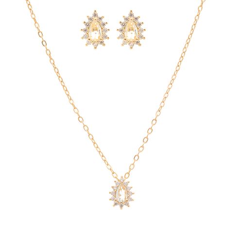 Conjunto Brinco e Colar Gotinha de Cristal Água Marinha e Zircônias Brancas 50cm - Banho de Ouro 18k