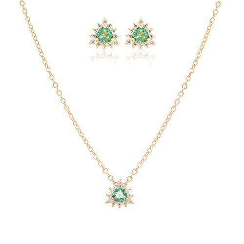 Conjunto Brinco e Colar Trillion com Cristal Paraíba e Zircônias Brancas 50cm - Banho de Ouro 18k