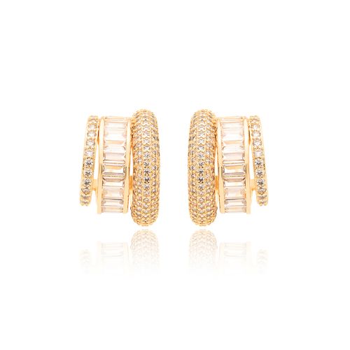 Brinco Meia Argola 3 Linhas Cravejadas com Zircônias Brancas - Banho de Ouro 18k