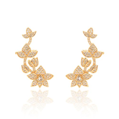 Brinco Earcuff Flor e Petálas com Zircônias Brancas - Banho de Ouro 18k