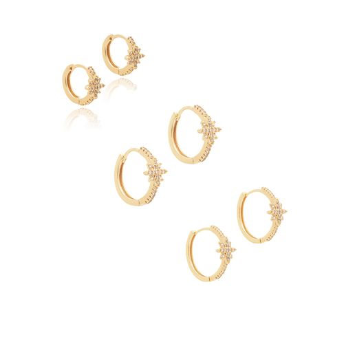 Kit com 3 Pares de Brincos Argolas Estrelas 15mm/18mm/22mm com Zircônias Brancas - Banho de Ouro 18k