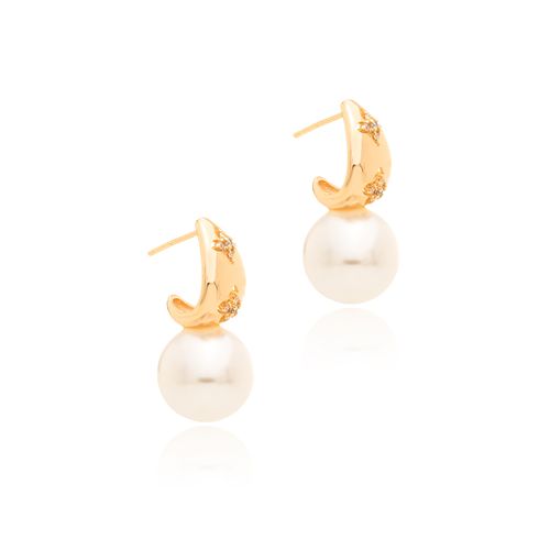 Brinco Florzinhas com Bola de Pérola Glass e Zircônias Brancas - Banho de Ouro 18k