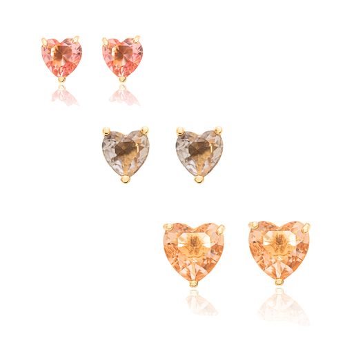 Kit com 3 Pares de Brincos de Corações com Cristal Lavanda, Cristal Pink e Cristal Morganita - Banho de Ouro 18k
