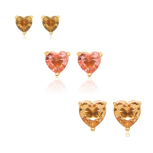 Kit com 3 Pares de Brincos de Corações de Cristal Turmalina Cravejado com Zircônias Brancas 5x5 6x6 8x8- Banho de Ouro 18k