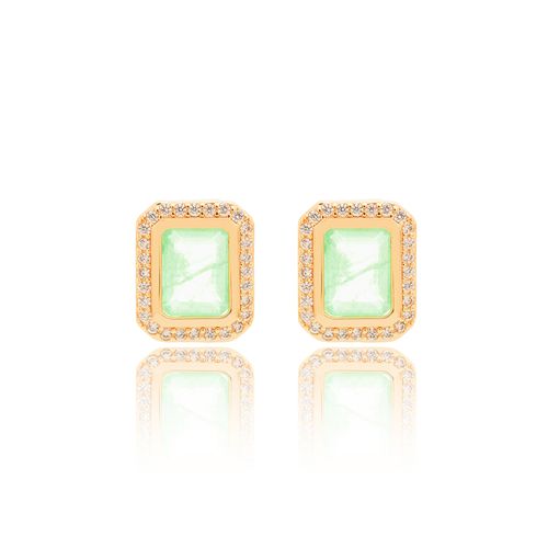 Brinco Retângulo de Fusion Esmeralda Colombiana e Zircônias Brancas - Banho de Ouro 18k